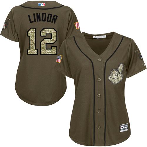 Indians #12 Francisco Lindor Green Salute to Service Women's Stitched MLB Jersey - Click Image to Close